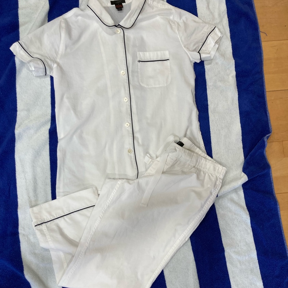 J crew crisp white cotton pajamas Pjs black piping pants top button up S short